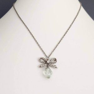 Silver bow w/crystals and clear bead drop necklace